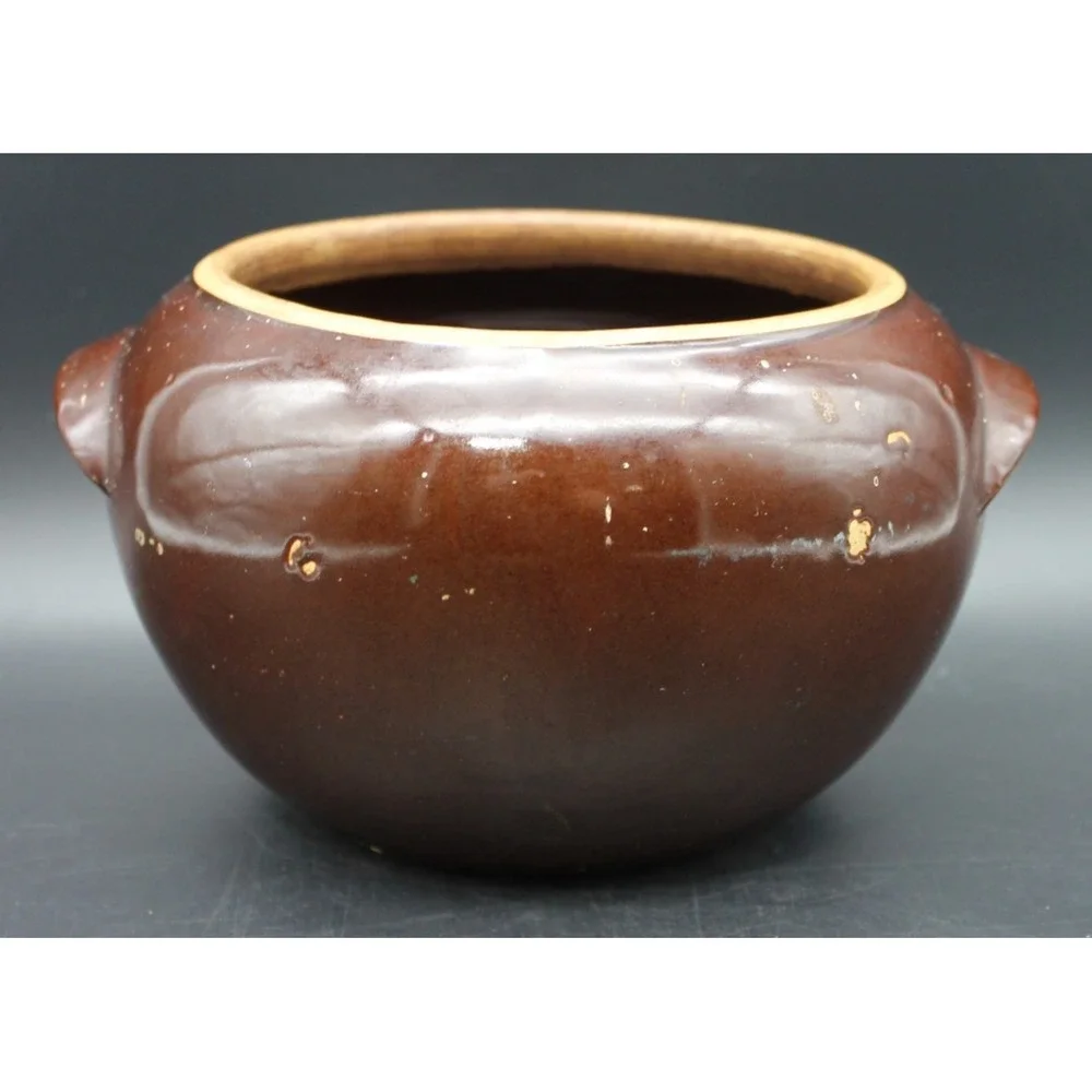 Vintage USA Pottery Brown Floral Bean Pot Crock 2 Handle Hand Painted Stoneware